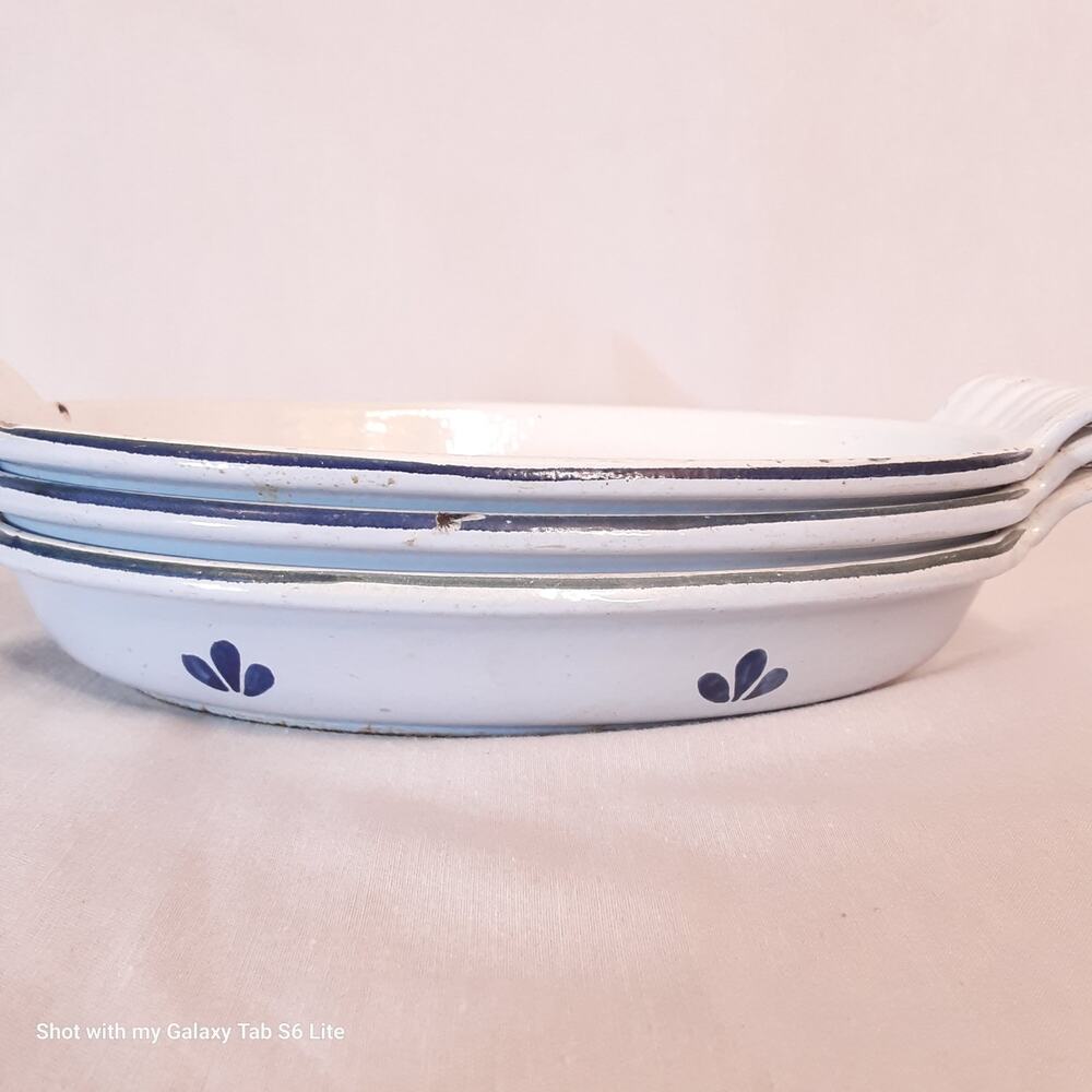 💎Vintage Holland Casserole Dishes Set Of Three Blue Enamel Cast Iron